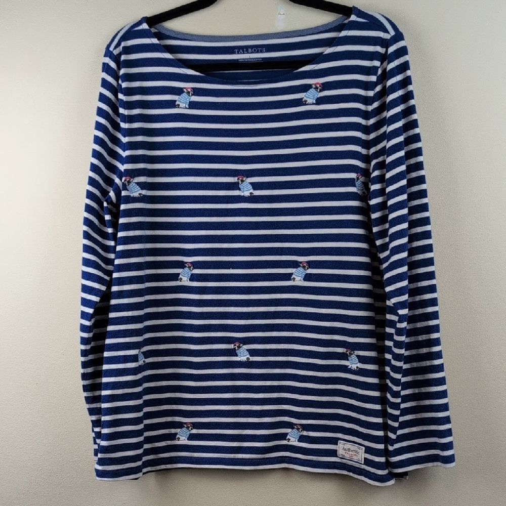 Authentic Talbots Embroidered French Bulldog Striped Bateau Neck Shirt Size L